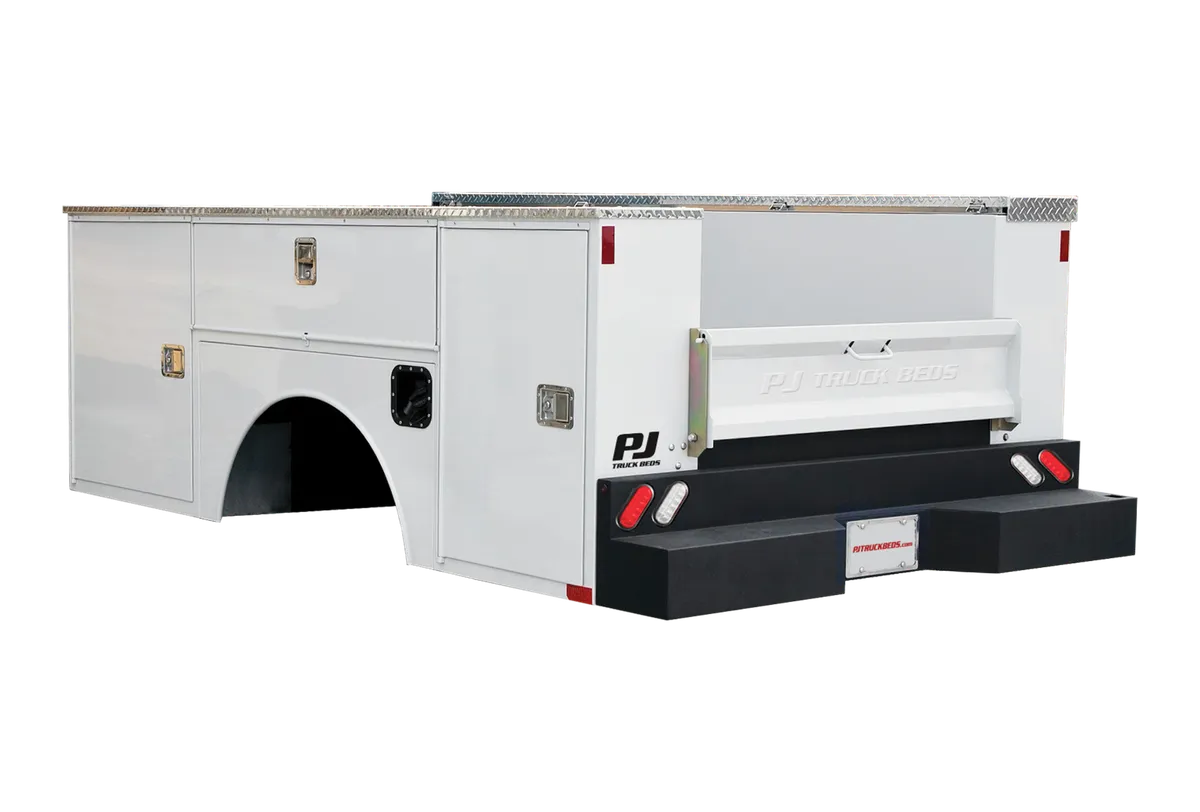 white aluminum truck service body